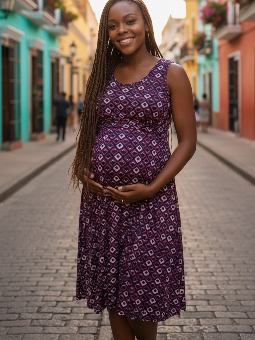 Motherhood blue with geometric, red and pink Maternity Maxi Dress